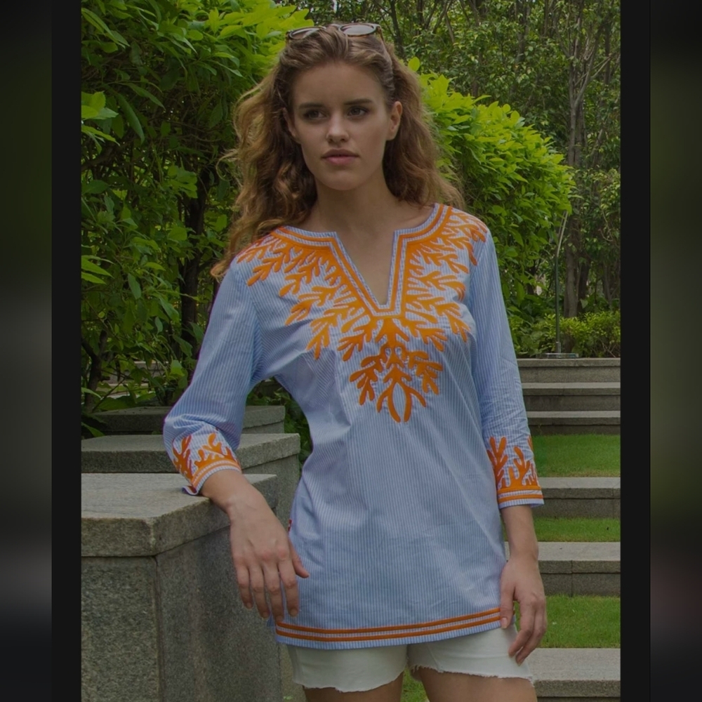 Gretchen Scott Embroidered pinstripe Tunic The Reef top Cotton Blend Small.